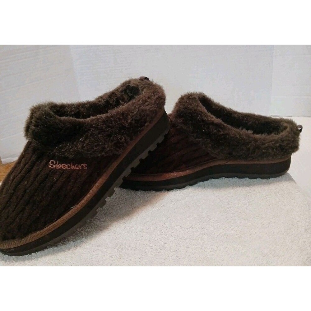 Skechers 8 Brown Sweater Knit Faux Fur Slippers Chocolate Cable Knit Slip-ons